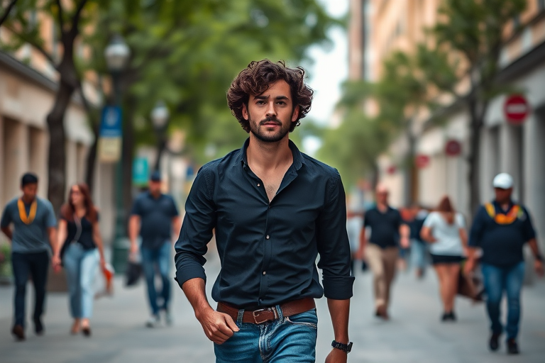 A man with curly hair walking casually down a city street, wearing a black shirt and blue jeans, with a blurred background of people and trees, taken with a Canon EOS R5, 50mm lens, f/1.8 aperture, ISO 100, natural light for enhanced clarity and depth.