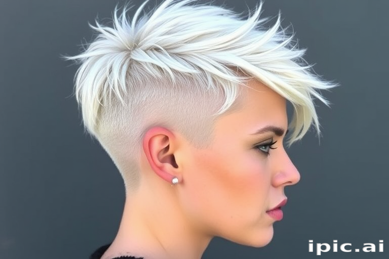 Icy platinum blonde pixie with "Frost Bite" flair features textured spikes and a dramatic undercut for edgy appeal