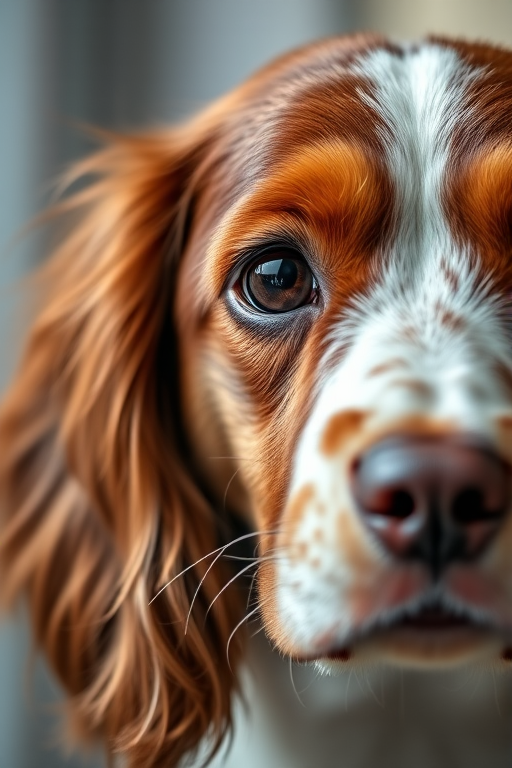 Regenerate a high-resolution image of a close-up portrait of a brown and white springer spaniel with detailed fur texture and expressive eyes, shot with a Canon EOS R5, 85mm f/1.4 lens, aperture set to f/1.4, at ISO 100, in soft natural light with a shallow depth of field.