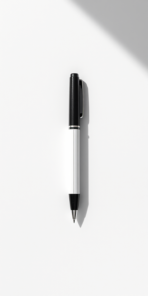 Create a high-resolution image of a black and white pen on a solid background, using a 50mm lens, f/2.8 aperture, ISO 100, shot from a top-down view with natural lighting to enhance details and shadows.