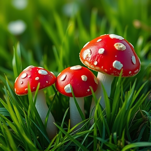 Create an illustration of three red mushrooms with white spots nestled among vibrant green grass, using a Canon EOS R5 with a 50mm f/1.2 lens, aperture set to f/2.8, ISO 100, and a soft focus effect for a whimsical look.