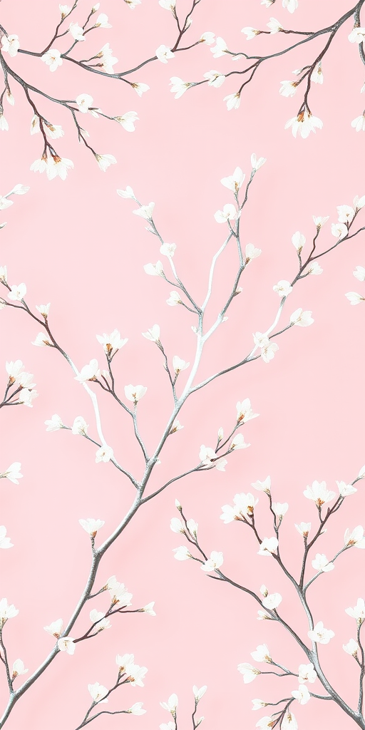 create a seamless floral pattern with delicate white branches and leaves on a soft pink background, shot with a Canon EOS 5D Mark IV, 50mm lens, f/2.8 aperture, 1/125s shutter speed, in natural light to enhance color vibrancy and detail