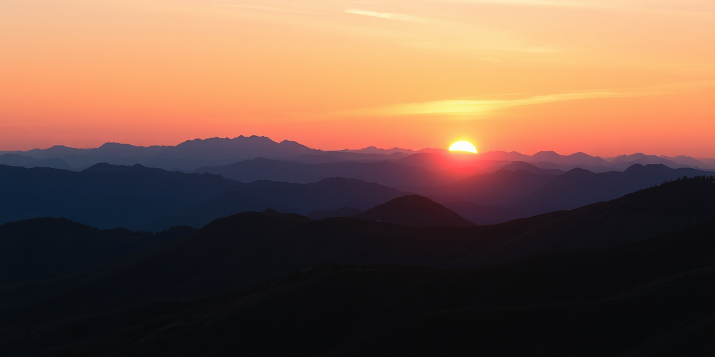 Create a vibrant sunset landscape with layered mountains and a clear sky, using a DSLR camera, 50mm lens, aperture f/8, ISO 100, and a low angle view to enhance depth and color saturation.