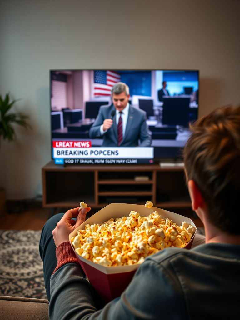 a person sitting on a couch eating popcorn while watching breaking news on a large television, soft natural lighting, shallow depth of field, ISO 200, f/2.8, 50mm lens, DSLR camera, front view, high resolution