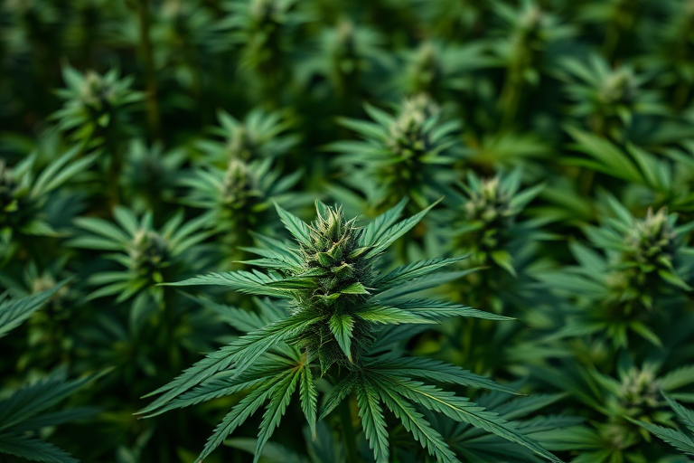Capture a close-up view of cannabis plants in a lush green setting, using a Canon EOS 5D Mark IV, 85mm f/1.8 lens, aperture set to f/2.8, shutter speed at 1/250s, ISO 400, natural lighting for enhanced detail and color vibrancy.