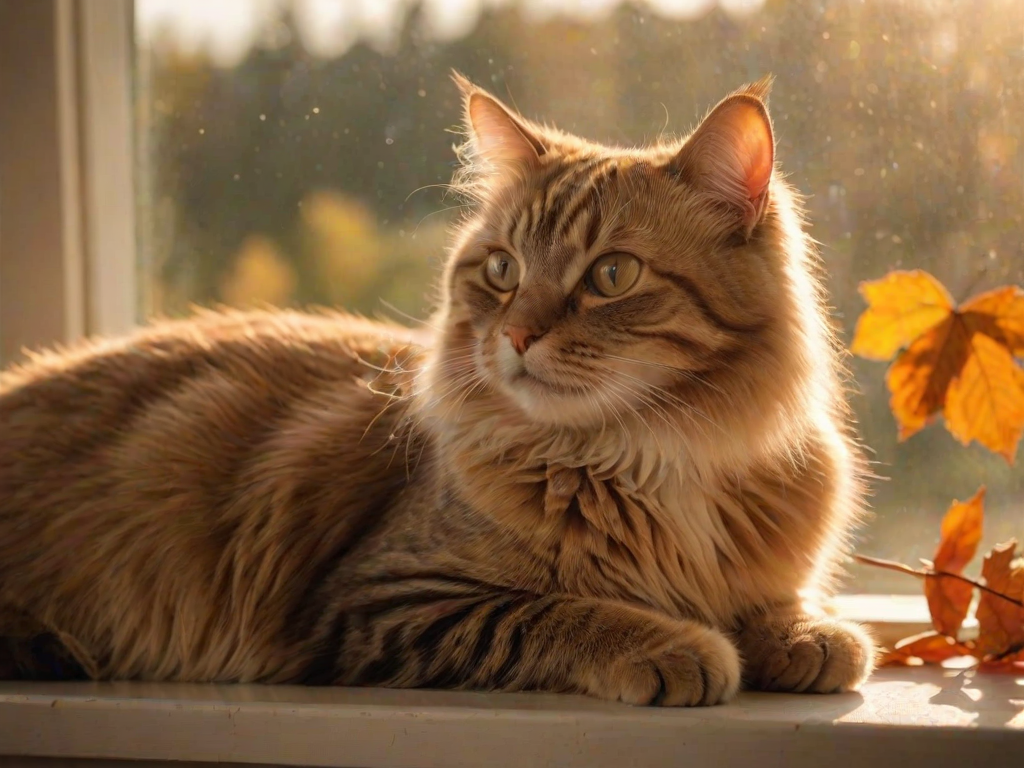 Softly focused image of a cat lounging on a windowsill, soft golden light from the setting sun illuminating its fur, with a vibrant autumn landscape visible through the glass, leaves gently falling in the background.
