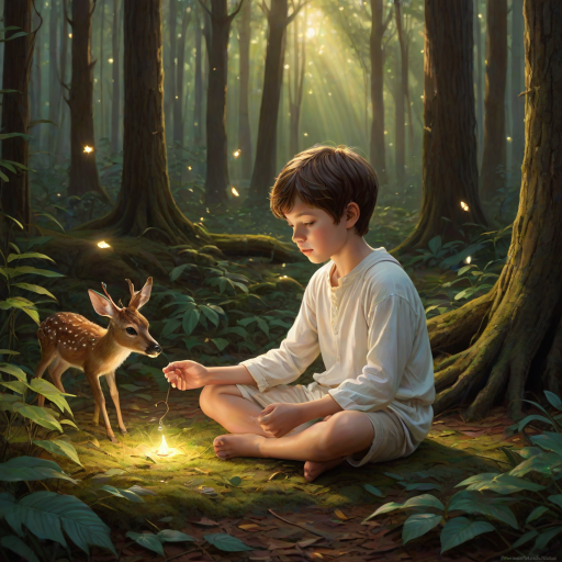 A luminous digital painting of a serene forest scene featuring a barefoot young boy, about 7 years old, with brown hair and fair skin, dressed in a simple white outfit. He sits cross-legged on the forest floor, gazing at a small, glowing, magical firefly in his hand. Beside him, a delicate spotted deer lies calmly on a bed of dried leaves, observing the scene. The dense forest is bathed in warm, golden light filtering through the trees, creating a peaceful, magical atmosphere with a blend of natural and mystical elements.