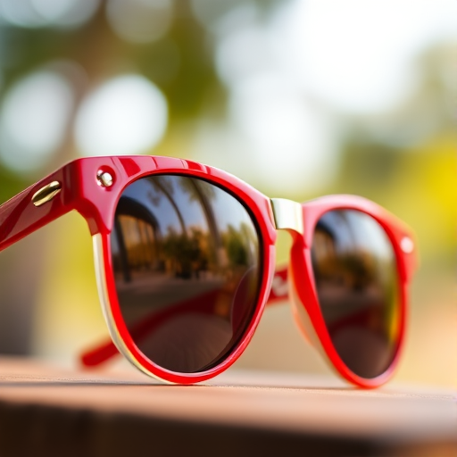 Generate a high-resolution image of a pair of stylish red sunglasses, focus on the glossy finish, using a Canon EOS 5D Mark IV camera, 50mm lens, f/1.8 aperture, ISO 100, shot in natural light with a shallow depth of field for a blurred background.