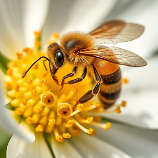 macro shot of a bee collecting pollen from a white flower with detailed focus on the bee and flower petals, aperture f/2.8, shutter speed 1/200 sec, ISO 100, 100mm macro lens, natural lighting, DSLR camera