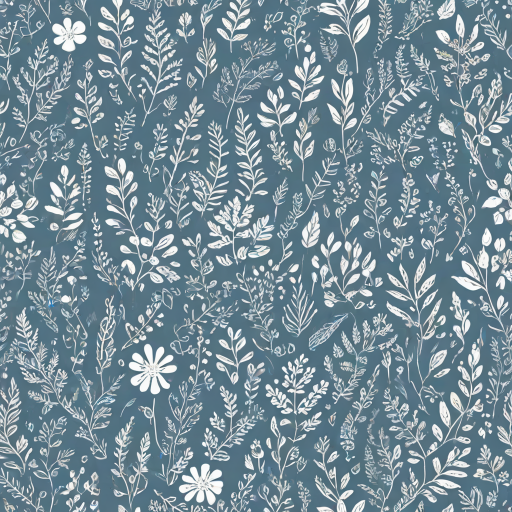 Create a seamless pattern featuring a variety of whimsical hand-drawn floral and leaf designs on a soft blue background. Incorporate different shapes and sizes of plants, including flowers, ferns, and abstract foliage, all outlined in white. The overall style should be playful and organic, with a balanced distribution of elements throughout the composition.