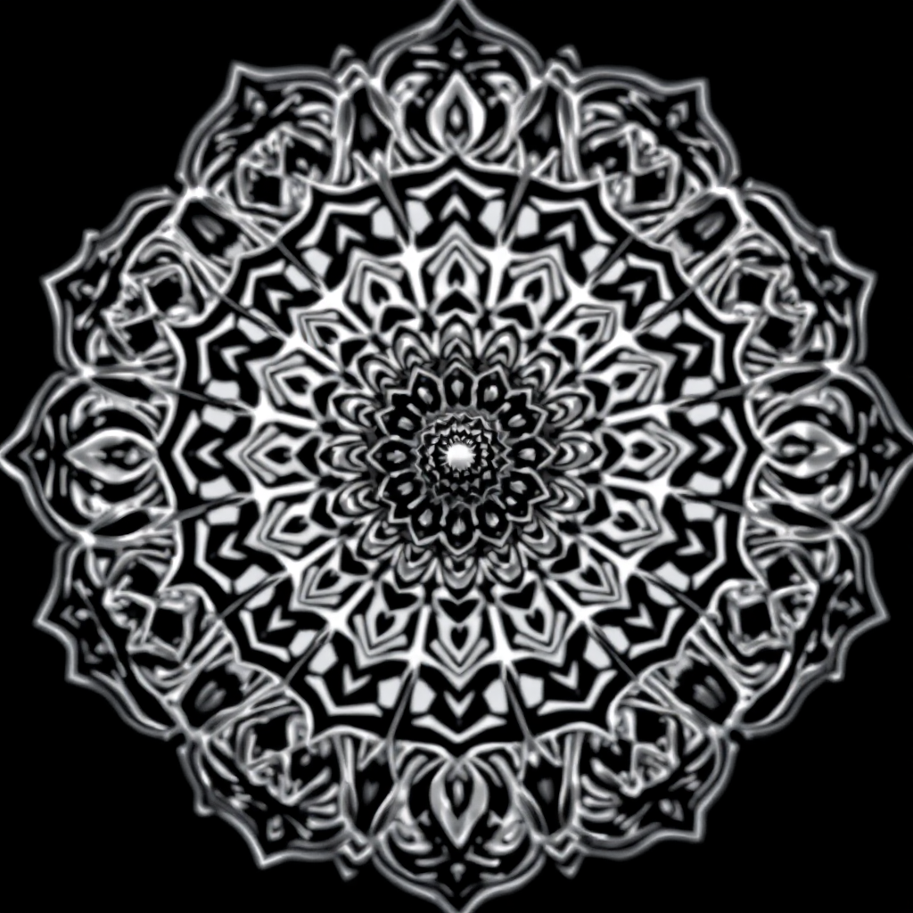 Create a highly detailed black and white mandala design with intricate patterns and symmetrical elements, using a macro lens at f/8, 1/125s shutter speed, and ISO 100, shot from a top-down view with a digital DSLR camera to enhance clarity and depth.