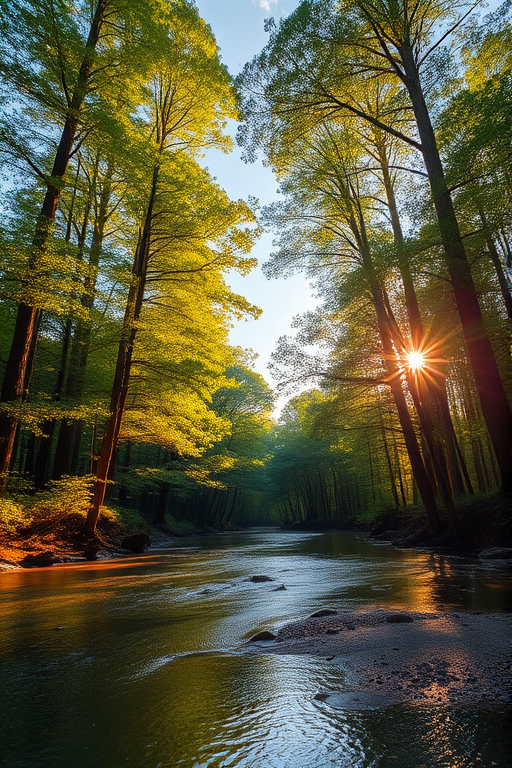 Create an image of a serene, sunlit forest scene with a clear, gently flowing river. Tall trees with lush green foliage line both sides of the river, their leaves bathed in the warm golden light of the setting or rising sun. The sunlight filters through the trees, casting soft, dappled light on the river, which flows over smooth rocks and pebbles, creating a peaceful, natural atmosphere. The sky is bright with a few scattered clouds, and the overall mood is tranquil, evoking a deep sense of connection with nature. The image captures the beauty of a calm, pristine forest landscape at either dawn or dusk.