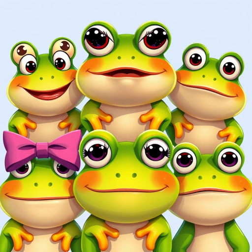 Create a vibrant, high-resolution image of six cartoon frog faces with different facial expressions: happy, surprised, sad, playful with eyelashes and bows, and neutral, using a DSLR camera at ISO 100, f/8 aperture, 50mm lens, in natural light for enhanced clarity and color vibrancy.
