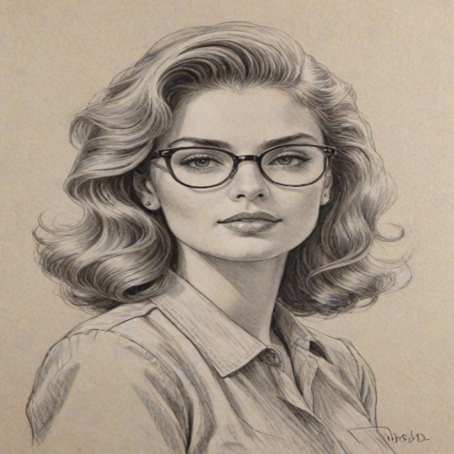 Elegant Brighton Sharbino, pencil sketch, portrait of Magnificent woman 1943s in glasses, hair style beatnik, outline, clear lines, fine lines, 8k