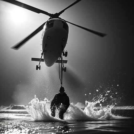 High-contrast black and white image of a rescuer being pulled up by a helicopter, dramatic lighting, focal length: 24mm, aperture: f/4, shutter speed: 1/500s, ISO 200, shot from a low angle, DSLR camera, capturing intense emotion and action, emphasize water splashes around the rescuer.