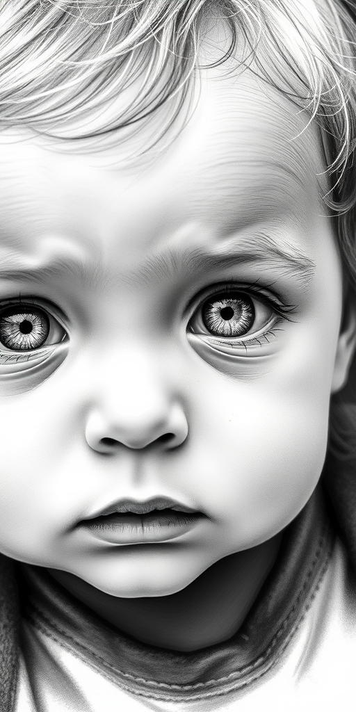 A hyperdetailed photorealistic black and white sketch of a beautiful toddler with deep white eyes, with a macro focus