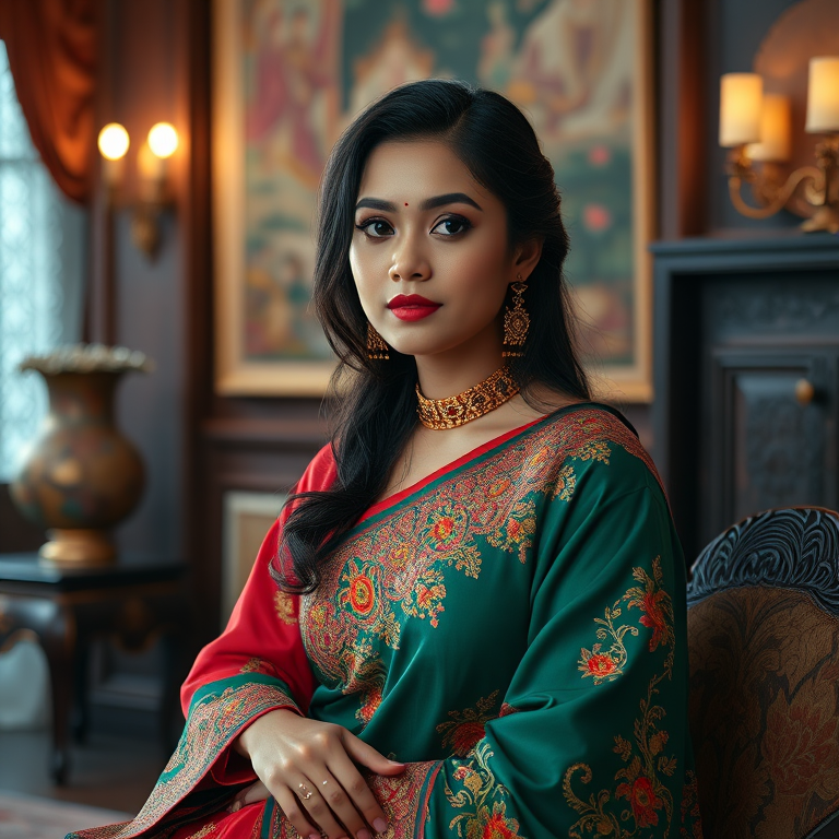 A beautiful Bangladeshi woman in traditional East Asian attire, intricately detailed with embroidered patterns, sitting gracefully in a richly decorated room, soft ambient lighting, serene and elegant, ultra-realistic, 8K resolution