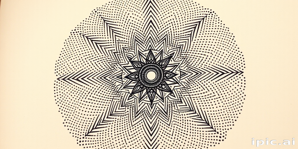 Dotwork mandala tattoo with intricate geometric patterns radiating from a central point, utilizing thousands of tiny dots to create gradients and intricate details for a mesmerizing optical illusion effect