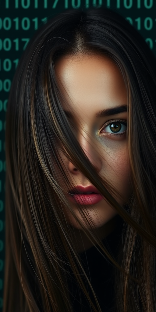 A portrait of a woman with long hair partially covering her face, set against a dark green background with binary code patterns, captured with a DSLR camera at 50mm focal length, f/1.8 aperture, ISO 100, in soft diffused lighting.