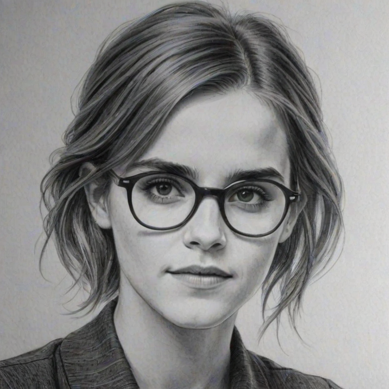 Fascinating Emma Watson, pencil sketch, portrait of Pleasing woman 1922s in glasses, hair style beatnik, outline, clear lines, fine lines, 8k