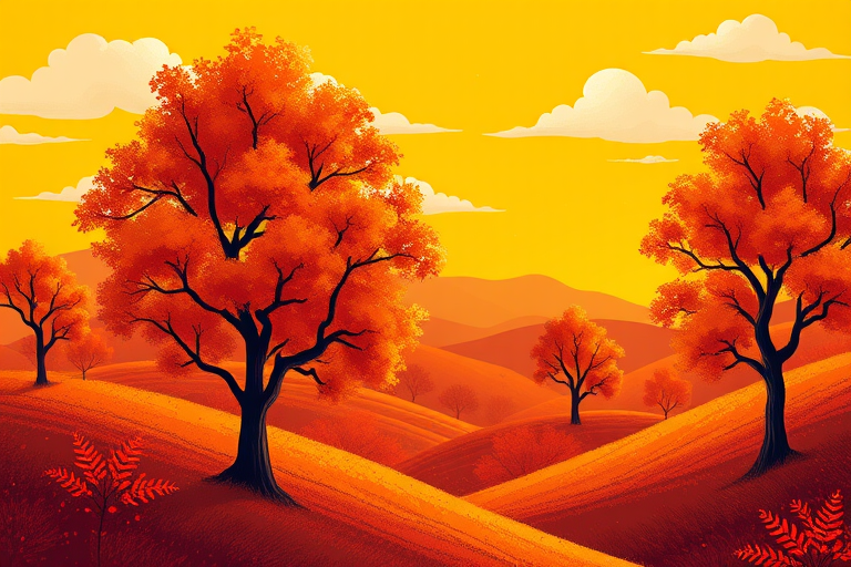 Create a vibrant digital illustration of a sunset landscape featuring stylized orange trees with autumn leaves on rolling hills, bright yellow sky with fluffy white clouds, high resolution 300 DPI, using a Canon EOS R5 with a 50mm lens, f/2.8 aperture, soft focus background to enhance depth.