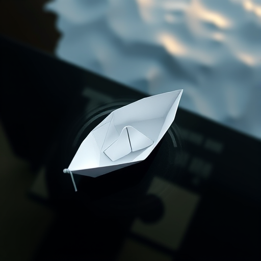 Create a high-resolution image of a paper boat, captured with a DSLR camera using a 50mm lens, f/2.8 aperture, ISO 100, from a top-down view with soft natural lighting to enhance the details and texture of the paper.