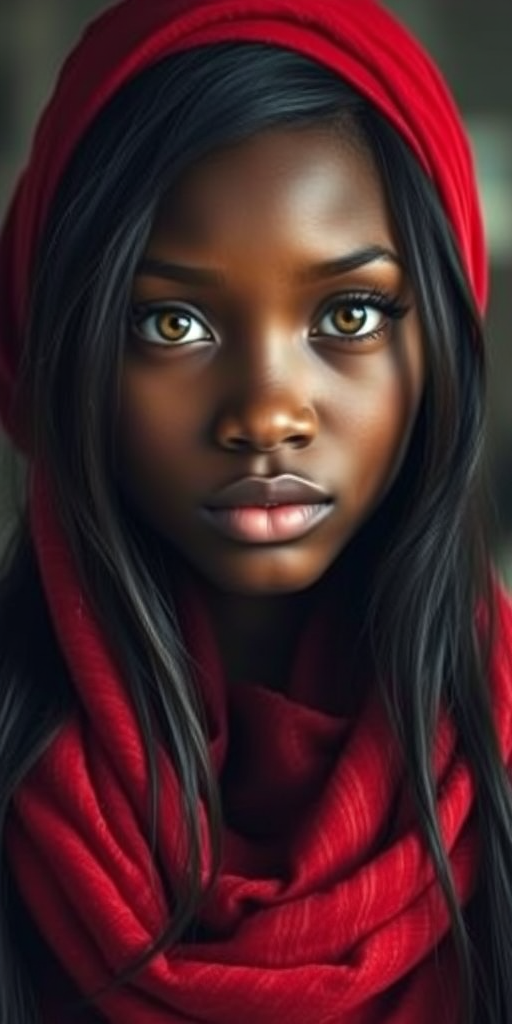 Create a portrait of a young African American woman with long, dark hair and captivating hazel eyes. She is wearing a red headscarf and a matching scarf draped gracefully around her neck. The background is softly blurred, focusing attention on her serene and natural expression. The overall color palette is muted and warm, enhancing the intimate and authentic feel of the portrait.