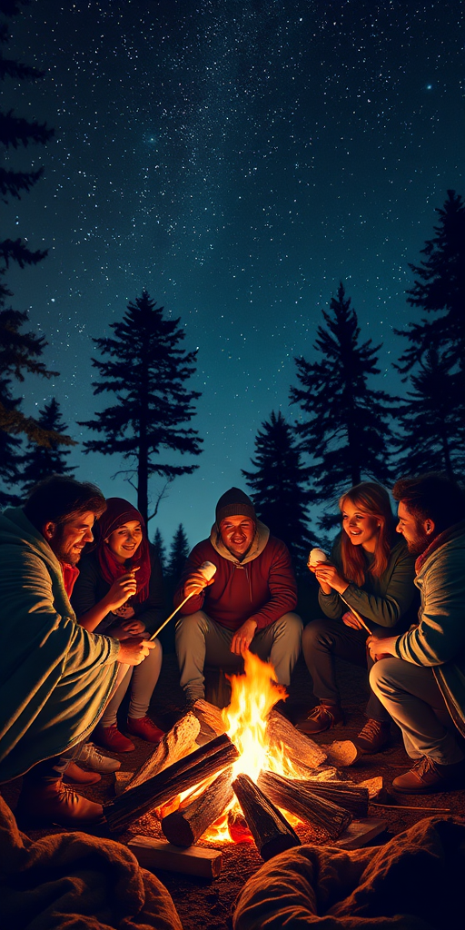 Group of friends gathered around a campfire under a starlit sky, roasting marshmallows, sharing stories, and wrapped in cozy blankets, with trees silhouetted against the glowing embers.