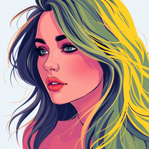 Create a vibrant illustration of a woman's face with flowing hair, using a Canon EOS R5 with a 50mm lens, f/1.8 aperture, ISO 100, 1/200 sec shutter speed, in a portrait orientation and soft lighting style.