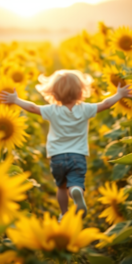 Blurry shot of a child running through a sunflower field, arms outstretched, the vibrant yellow petals and soft green leaves swirling in motion, with soft golden sunlight streaming from behind.