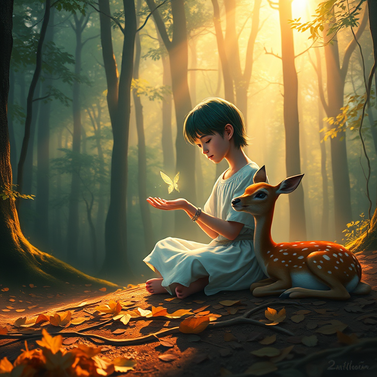 A luminous digital painting of a serene forest scene featuring a barefoot young female, about 7 years old, with green hair and fair skin, dressed in a simple white outfit. He sits cross-legged on the forest floor, gazing at a small, glowing, magical firefly in his hand. Beside him, a delicate spotted deer lies calmly on a bed of dried leaves, observing the scene. The dense forest is bathed in warm, golden light filtering through the trees, creating a peaceful, magical atmosphere with a blend of natural and mystical elements.