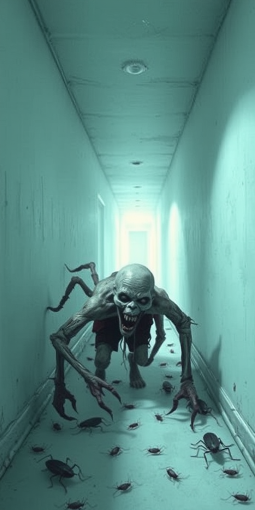 a crooked male with long arms and a creepy smile is crawling along a long white corridor and you can also see cockroaches in it there is a creepy atmosphere creepy art style