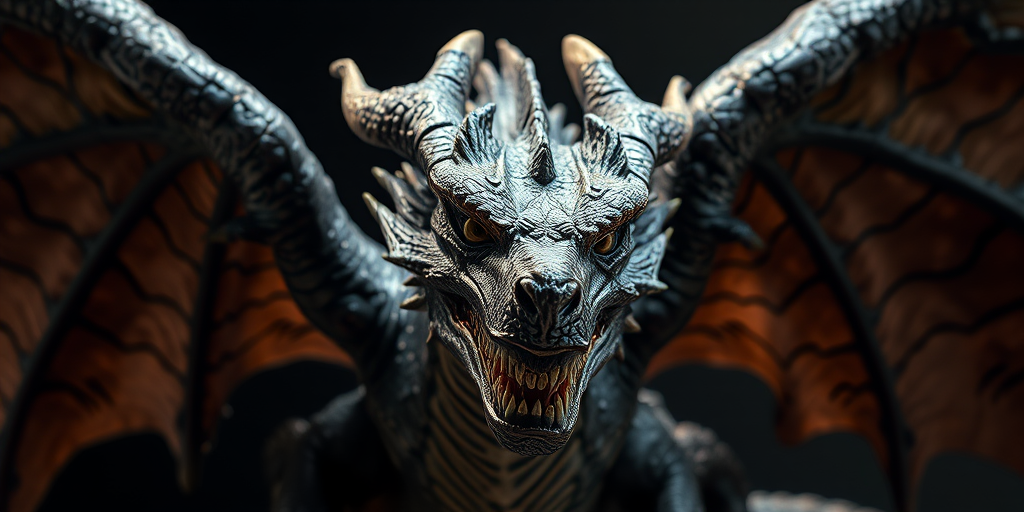 A highly detailed 3D dragon with metallic scales, large wings with tattered brown leather, and a fierce expression, captured in a low-angle view at 24mm focal length, aperture f/8, ISO 100, using a DSLR camera for high-resolution quality and dramatic lighting effects.