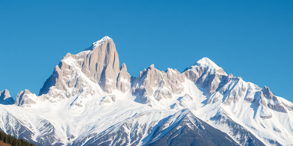 Capture a high-resolution image of towering snow-covered mountains under a clear blue sky, using a DSLR camera with a 24mm lens, aperture set to f/8, ISO 100, and a shutter speed of 1/200 sec, taken from a low angle to emphasize the peaks.