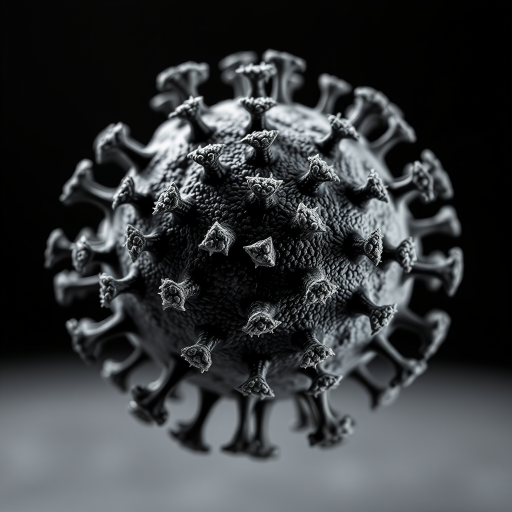 Create a highly detailed macro shot of a virus structure with a focus on intricate surface textures and spikes, using a Canon EOS R5 with a 100mm f/2.8 macro lens, aperture set to f/11, ISO 100, and a shutter speed of 1/200 sec on a black background for contrast.