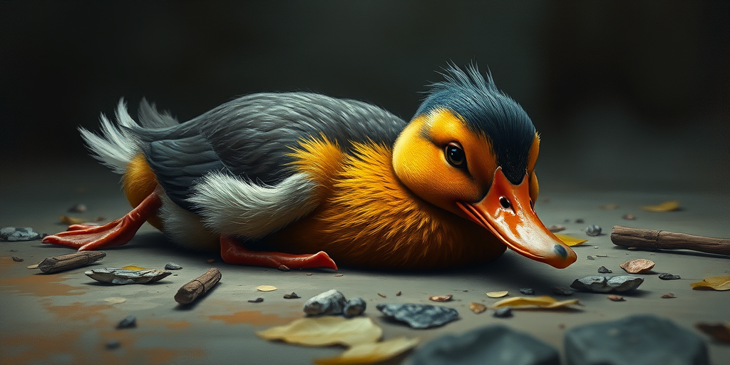 Stunning image of a cute adorable tired looking wacky duck laying flat on the ground, no emotions, moody, grainy, noisy, concept art, by Alberto Seveso, Cyril Rolando, Dan Mumford, Meaningful Visual Art, Detailed Painting, Digital Illustration,