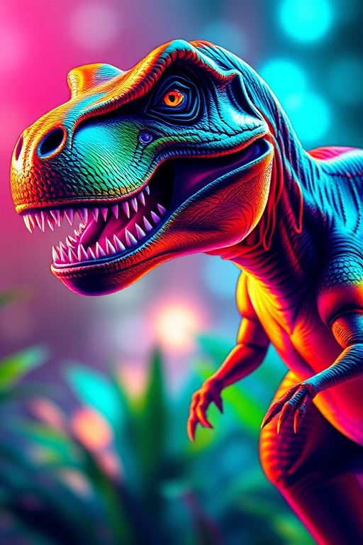 Create a vibrant, colorful illustration of a T-Rex dinosaur with neon outlines and a glossy finish, captured in a 50mm lens at f/2.8 with a shallow depth of field; use a digital painting style to enhance details and texture.