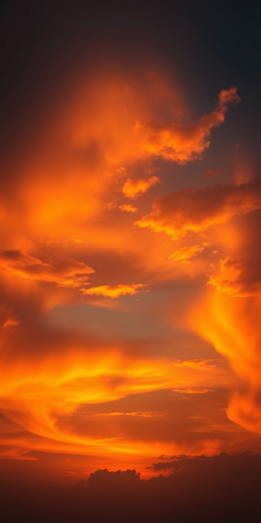 capture a dramatic sunset sky with vibrant orange and yellow clouds against a dark blue backdrop using a DSLR camera with a 50mm lens, aperture set to f/8, ISO 100, shutter speed 1/200 sec, and a slight vignette effect for depth