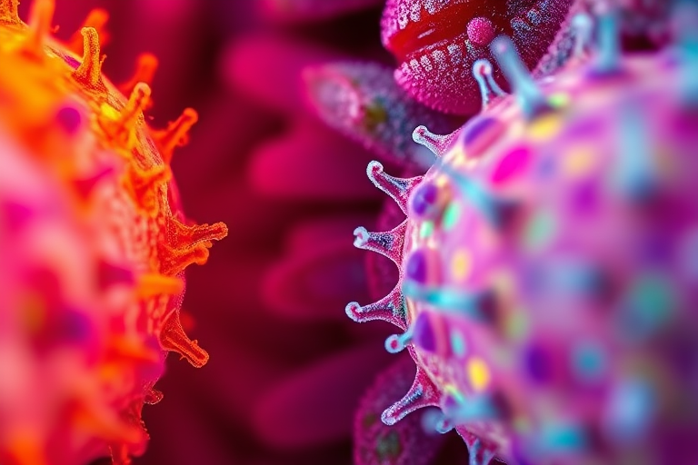 Create a highly detailed digital artwork of microscopic organisms in vibrant colors, focusing on intricate cellular structures and textures, using a Canon EOS R5 with a 50mm f/1.2 lens, in macro mode, with a soft focus background and high dynamic range.