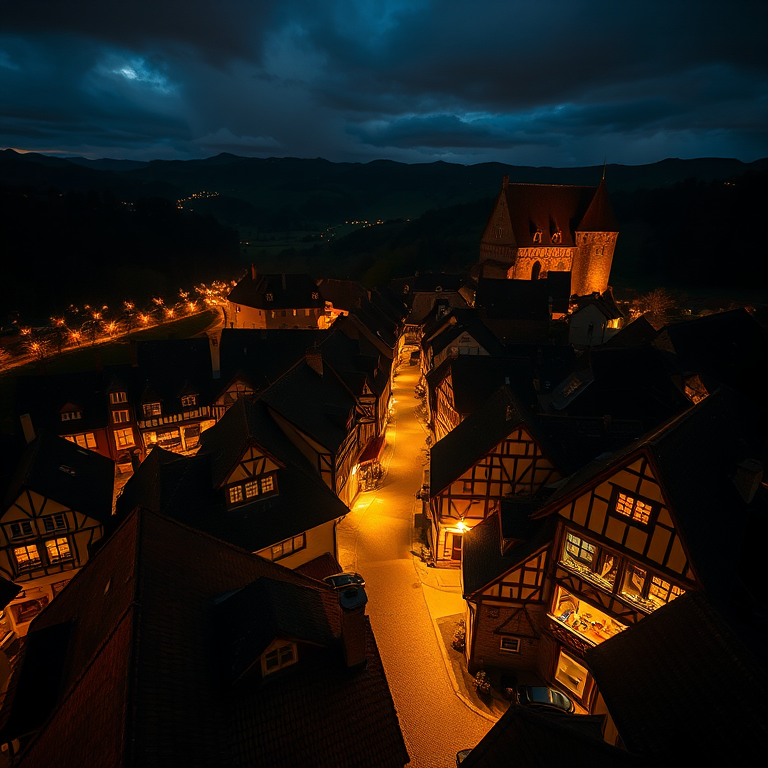 nighttime aerial view of a historic village illuminated by warm lights, capture the intricate architecture of timber-framed houses and scenic hills in the background, use a DSLR camera with ISO 800, f/2.8 aperture, 30-second exposure, and a wide-angle lens to enhance details and depth.