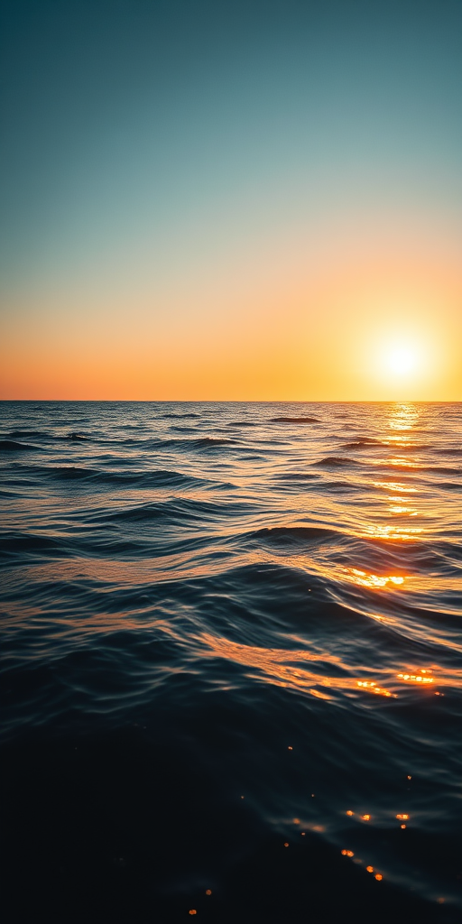 a calm ocean surface reflecting golden light during sunset, wide-angle view, captured with a DSLR camera at 24mm, aperture f/8, shutter speed 1/250s, ISO 100, high dynamic range for enhanced quality