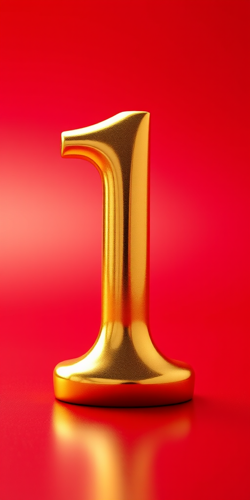 Create a high-resolution image of a shiny gold number 1 in a 3D style, centered on a vibrant red background, taken with a Canon EOS R5 camera, 50mm lens, f/2.8 aperture, ISO 100, and with soft, diffused lighting to enhance the metallic texture.