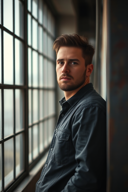 portrait of a man leaning against a window in an industrial setting, soft natural lighting, shallow depth of field, f/2.8 aperture, 50mm lens, ISO 200, taken with a DSLR camera, moody atmosphere