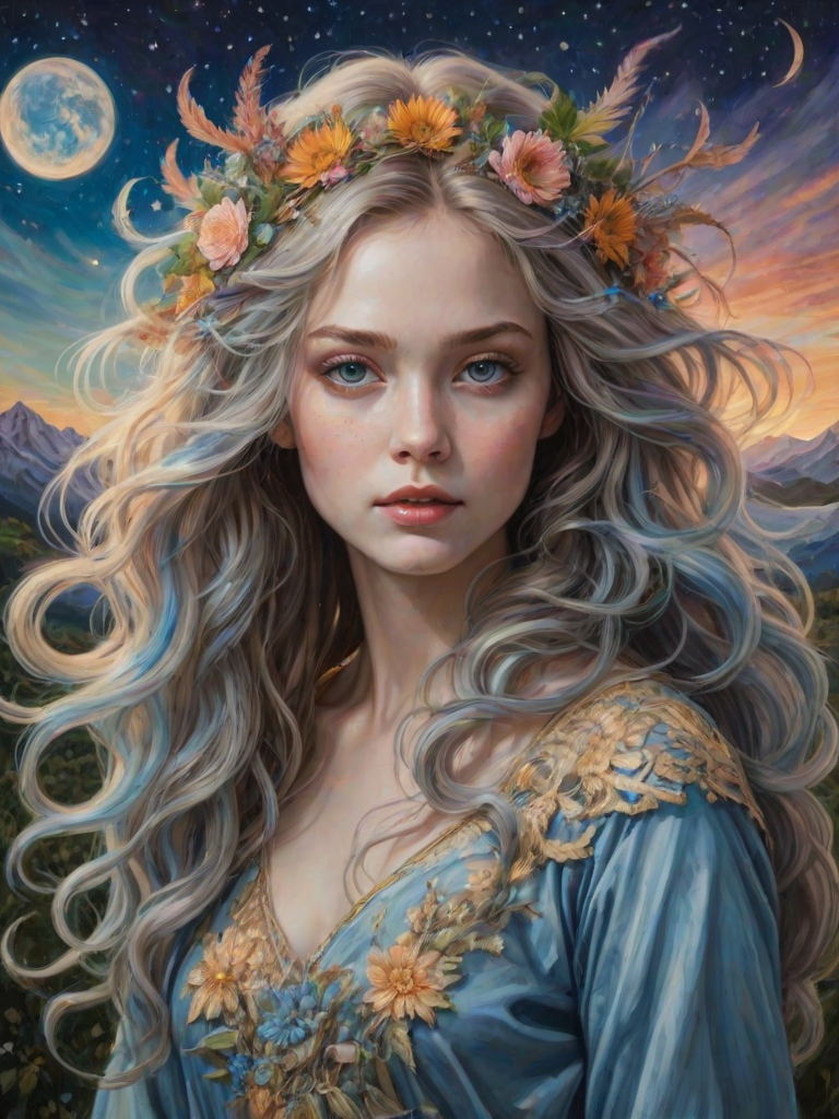 Create a series of imaginative portraits where each subject is infused with elements of fantasy and nature. The hair of the individuals should flow like clouds, varying from soft, fluffy cumulus to wispy cirrus strands, with hints of color reflecting a sunset or a clear blue sky. The eyes should be windows to entire galaxies, with stars, nebulae, and distant planets visible within them. Clothing should be adorned with nature motifs, such as floral patterns that bloom and change, vines that seem to grow and wrap around, or feathers that shimmer with iridescence. Each portrait should capture a unique personality, blending human features with the ethereal beauty of the natural and cosmic world. The backgrounds can vary, from starry night skies to enchanted forests, adding depth and context to the magical realism of the portraits