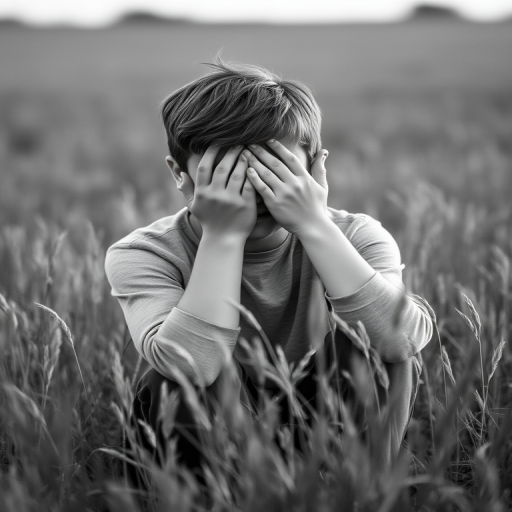 Regenerate the image of a young person sitting in a field with their hands covering their face, shot in black and white, using a Canon EOS R5 with a 50mm lens at f/1.8, ISO 100, shutter speed 1/200s, soft natural lighting, shallow depth of field, focusing on the subject with blurred grass in the foreground.