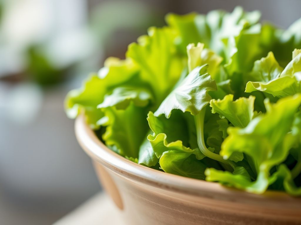 highly detailed close-up of fresh green lettuce in a bowl, natural lighting, shallow depth of field, f/2.8, ISO 100, 50mm lens, DSLR camera, vibrant colors, textures highlighted, softly blurred background
