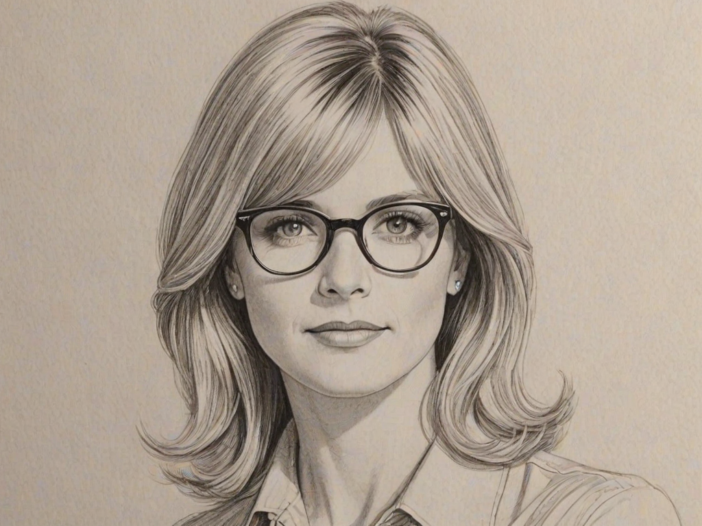 Ravishing Courtney Thorne-Smith, pencil sketch, portrait of Fascinating woman 1960s in glasses, hair style beatnik, outline, clear lines, fine lines, 8k