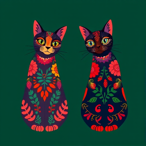 Create an illustration of two abstract cats with decorative patterns in vibrant colors against a dark green background, shot with a Canon EOS R5, 50mm lens, f/2.8 aperture, ISO 100, soft focus style.