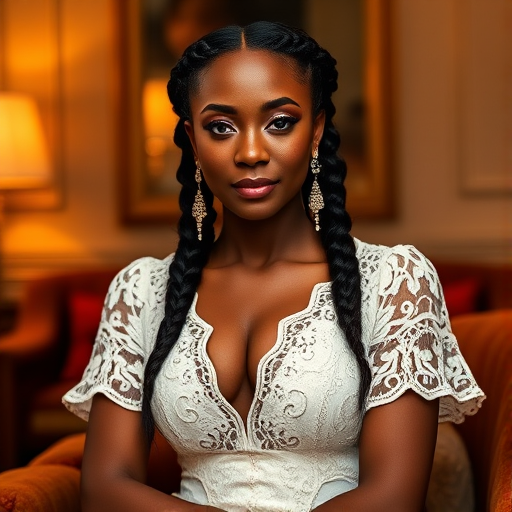 Create a portrait of a refined and elegant African American woman seated in a sophisticated setting. She has long, wavy hair styled in two thick braids that are pulled over her shoulders. She wears a white, lace gown with intricate patterns, featuring a deep V-neckline and short sleeves. The dress exudes a vintage charm with its delicate lacework. She is adorned with ornate, dangling earrings that add a touch of glamour to her appearance. The background is softly lit, with warm, ambient lighting that creates a cozy and inviting atmosphere. Her expression is poised and serene, capturing a sense of grace and elegance.