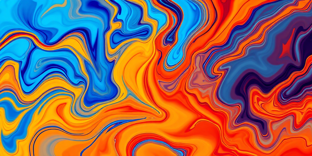 Generate an abstract image with swirling colors of blue, orange, yellow, and red in a fluid art style, using a DSLR camera with a 50mm lens, f/2.8 aperture, 1/200 sec shutter speed, and ISO 100 for enhanced clarity and vibrancy.